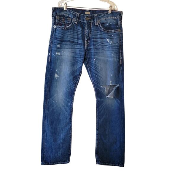 True Religion Ricky Relaxed Straight Leg Jeans Blue Distressed Men Size 38x34 - Picture 1 of 13